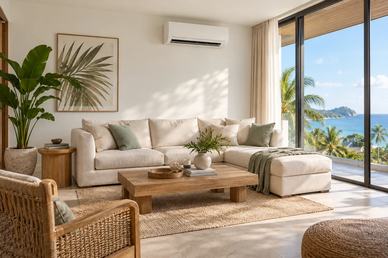 An airy living room overlooking the Phuket coast, with a wall-mounted air conditioner above the sofa