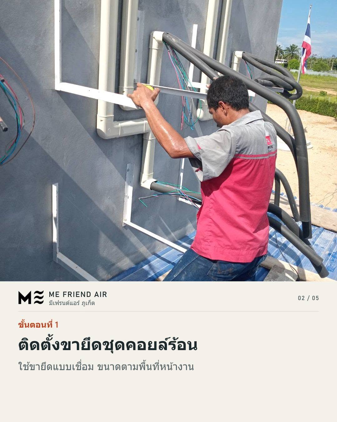 A MeFriendAir technician fitting outdoor-unit brackets to the CAIS building wall